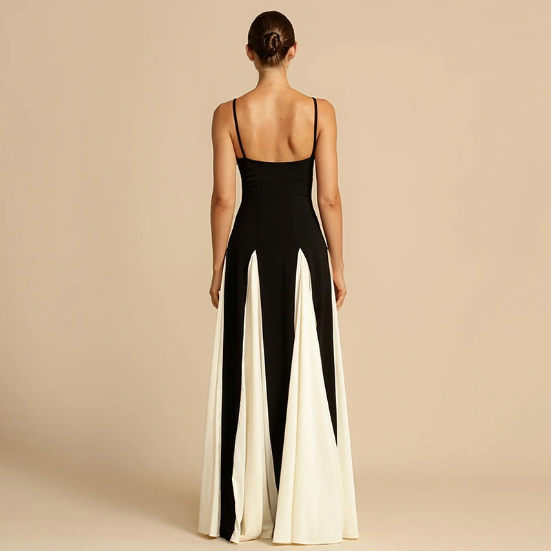 Contrast Color Suspender Maxi Evening Dress Women's With Lining Sexy Backless Splice Sleeveless Long Party Dress Female voguable