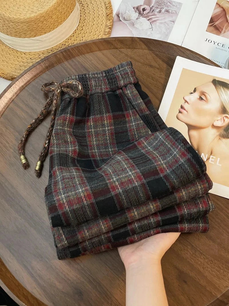 Retro Streetwear Plaid Pants Women Lace Up Loose Hip Hop Straight Trousers High Waist Casual Vintage Harajuku Bf Wide Leg Pant voguable