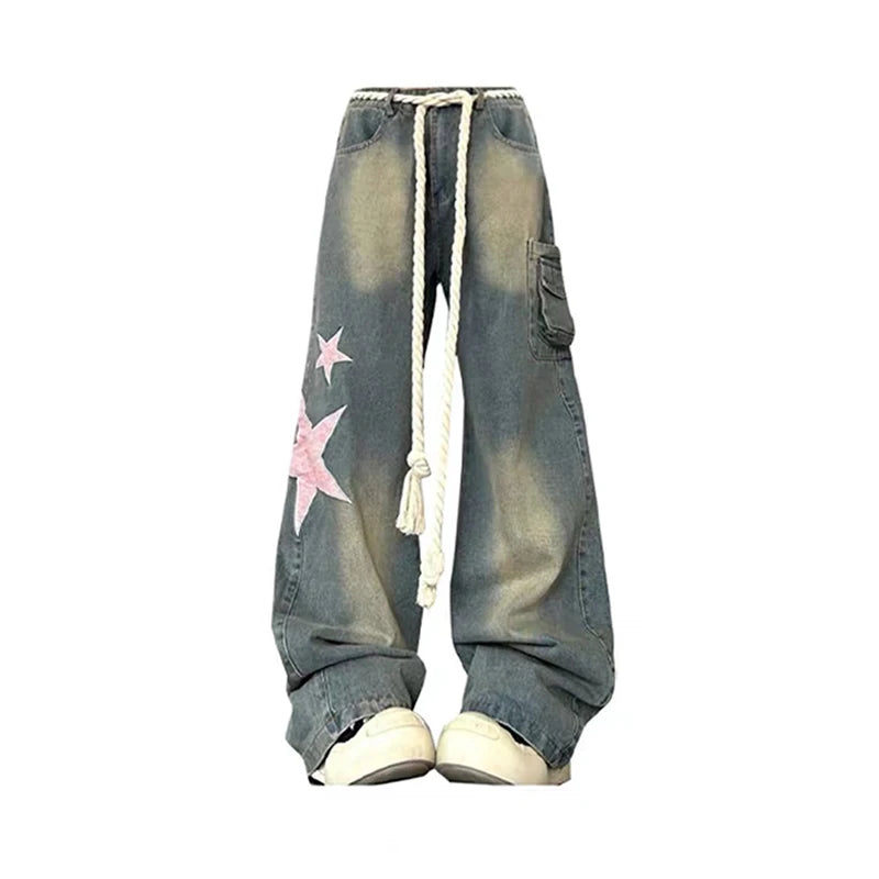 Women Baggy Star Jeans Vintage Harajuku Oversize High Waist Denim Trouser Emo 2000s Y2k 90s Aesthetic Wide Pants Trashy Clothes voguable