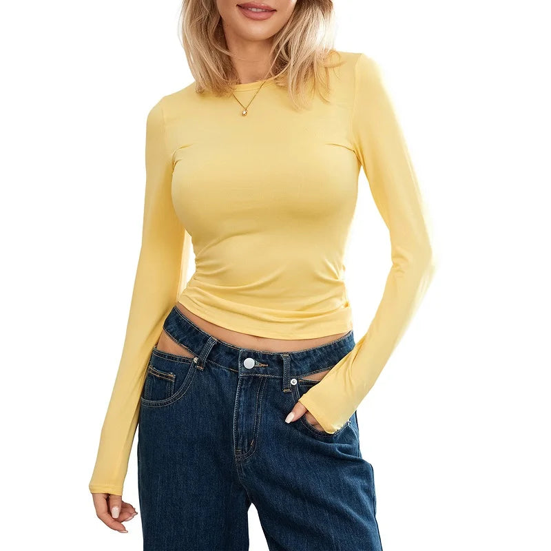y2k Crop Tops Women Spring Autumn Solid Color Round Neck Long Sleeve Tshirt 2000s Tees Casual Clothing Streetwear voguable