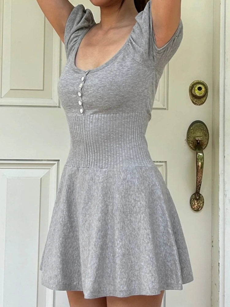 Voguable  American Y2k  Elegant Temperament Square Collar Puff Sleeve Slim Waist  High Waist Summer Dresses voguable