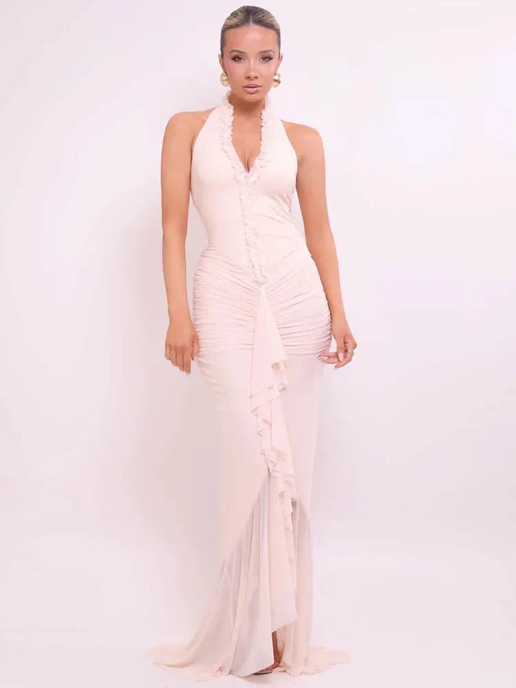 Halter V Neck Backless Sexy Maxi Dress Women Gown Fashion Sleeveless Draped Ruched Ruffle Club Party Long Dress Elegant voguable