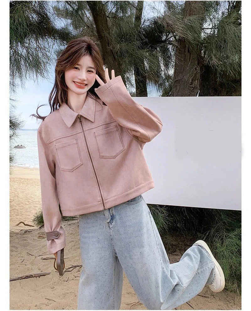 Pink Y2K Faux Suede Jacket Women Vintage Streetwear Long Sleeve Loose Coat Korean Casual Harajuku Fall Winter Outwear Tops voguable
