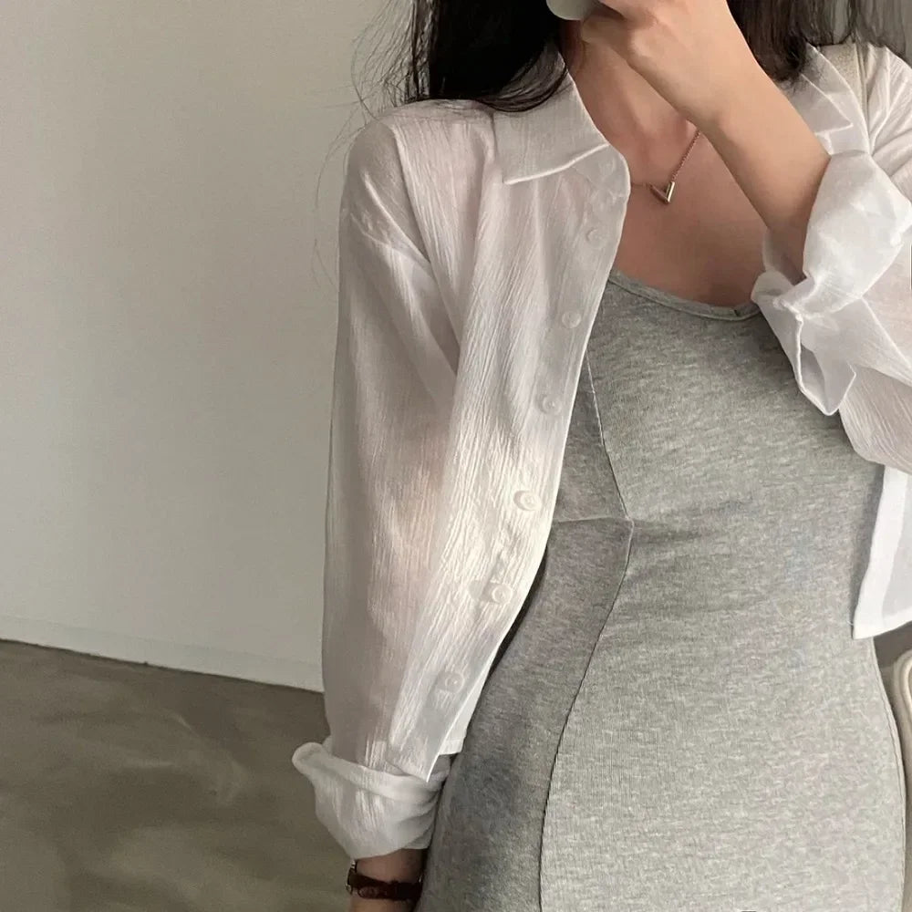 Y2K White Chiffon Sun Protection Shirt Women Korean Chic Loose Single Breasted Crop Tops Sexy See Back Lace Up Blouse voguable