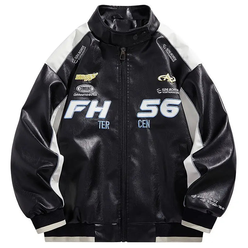 Hip Hop Racing Jacket Handsome Embroidered Stand Collar Hip-hop Letter Splicing Boys' Jacket Motorcycle Leather Baseball Uniform voguable