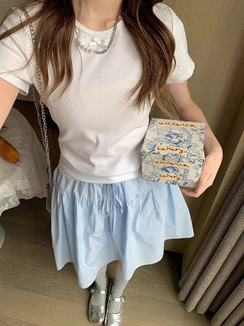 Cotton Casual Short A-line Skirt for Women High Waist Blue Elastic Waist Tie bow Sweet Loose Sports Skirt with Safety Shorts voguable