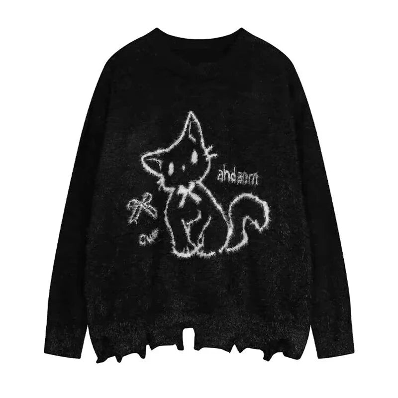 Kawaii Hole Sweet Sweaters Women Vintage Faux Mink Cashmere Cartoon Knitted Jumper Preppy Style Cute Japan Lazy Wind Tops voguable