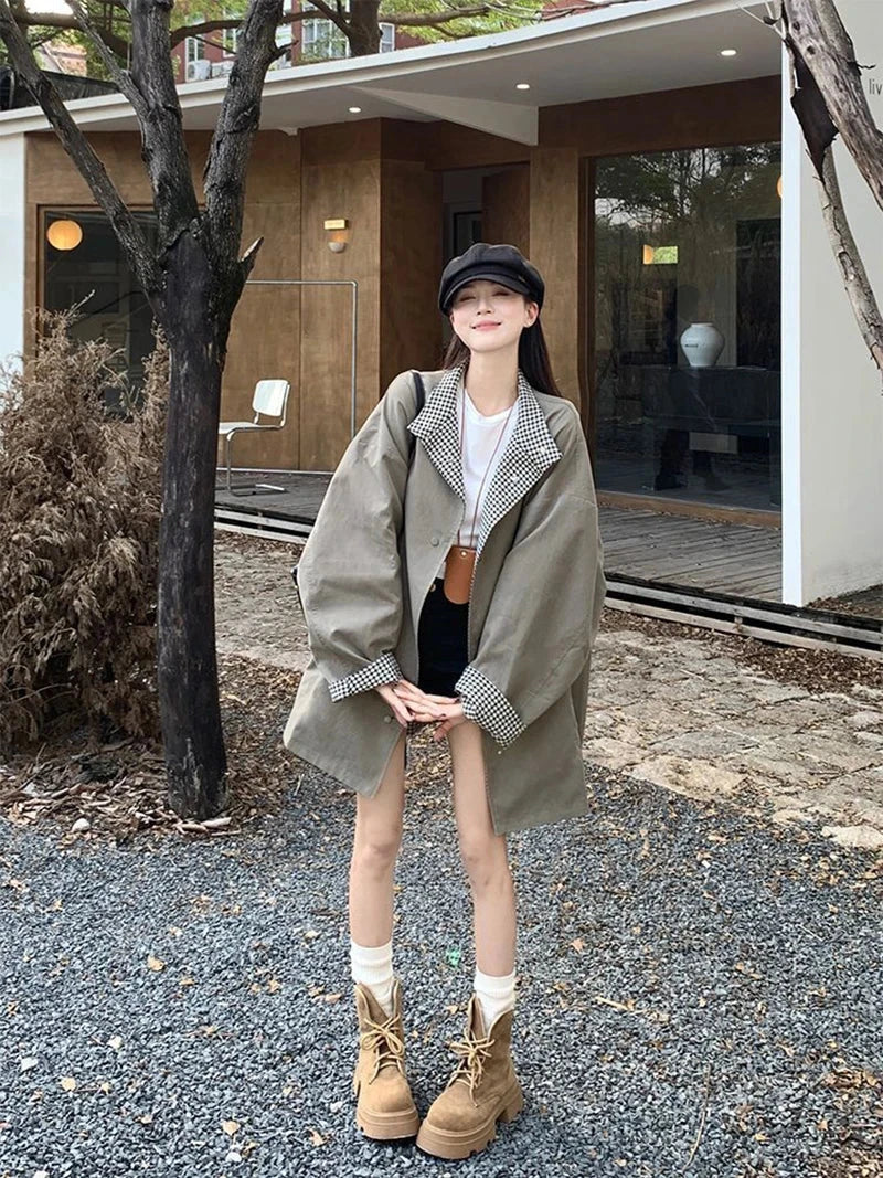 Korean Chic Elegant Jacket Women Loose Design Double Sided Wear Plaid Coat Fall Fashion Long Sleeve Sweet Pockets Outwear voguable