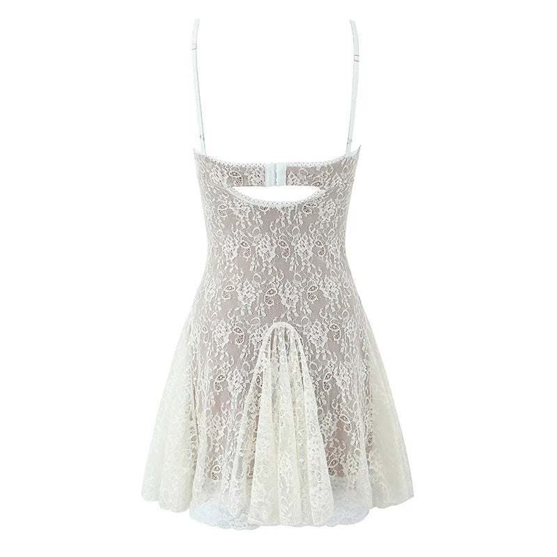 New Fashion Women Spaghetti Straps Lace Sexy Dresses Black Beige Backless Hollow Out A-line Mini Dress Night Out Robe voguable