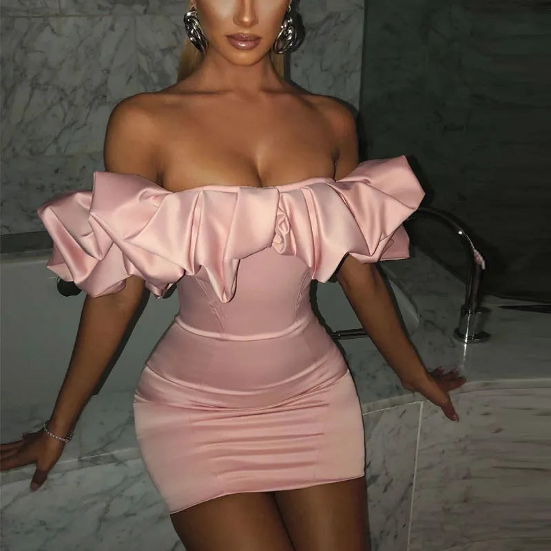 Satin Ruffles Sleeve Summer Dresses Backless Strapless Bodycon White Dress Short Sexy Party Dress Nightclub Vestidos voguable