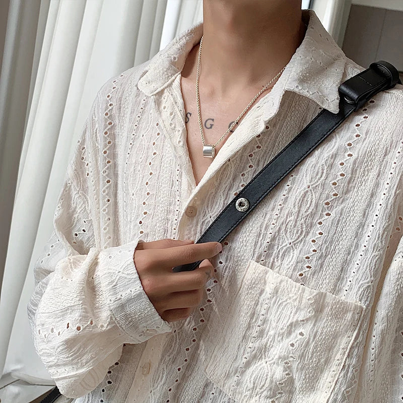 Voguable Shirts for men Apricot Handsome Lapel Men Blouse Vacation Hollow Out Sexy Fashion Men Clothing Male Mesh Long-sleeved Shirts voguable