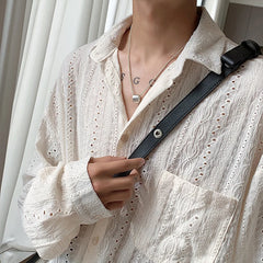 Voguable Shirts for men Apricot Handsome Lapel Men Blouse Vacation Hollow Out Sexy Fashion Men Clothing Male Mesh Long-sleeved Shirts voguable
