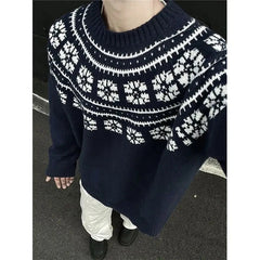 Vintage Navy Blue Sweater Jacquard O-Neck Knit Pullover New Autumn Winter Loose Couple Knitted Sweater Tops Aesthetic Streetwear voguable