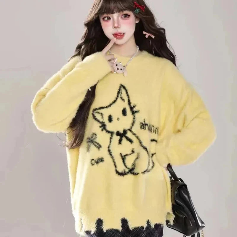 Kawaii Hole Sweet Sweaters Women Vintage Faux Mink Cashmere Cartoon Knitted Jumper Preppy Style Cute Japan Lazy Wind Tops voguable