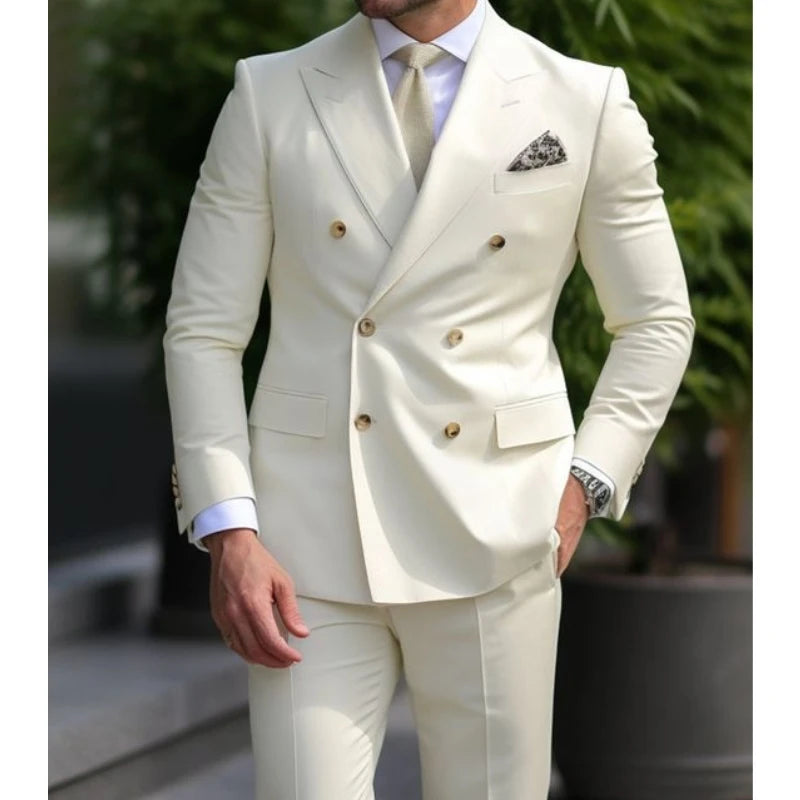 Voguable Sage Green Men's Wedding Suits Solid Color 2 Piece Daily Plus Size Double Breasted Six-buttons Formal Business Suits voguable