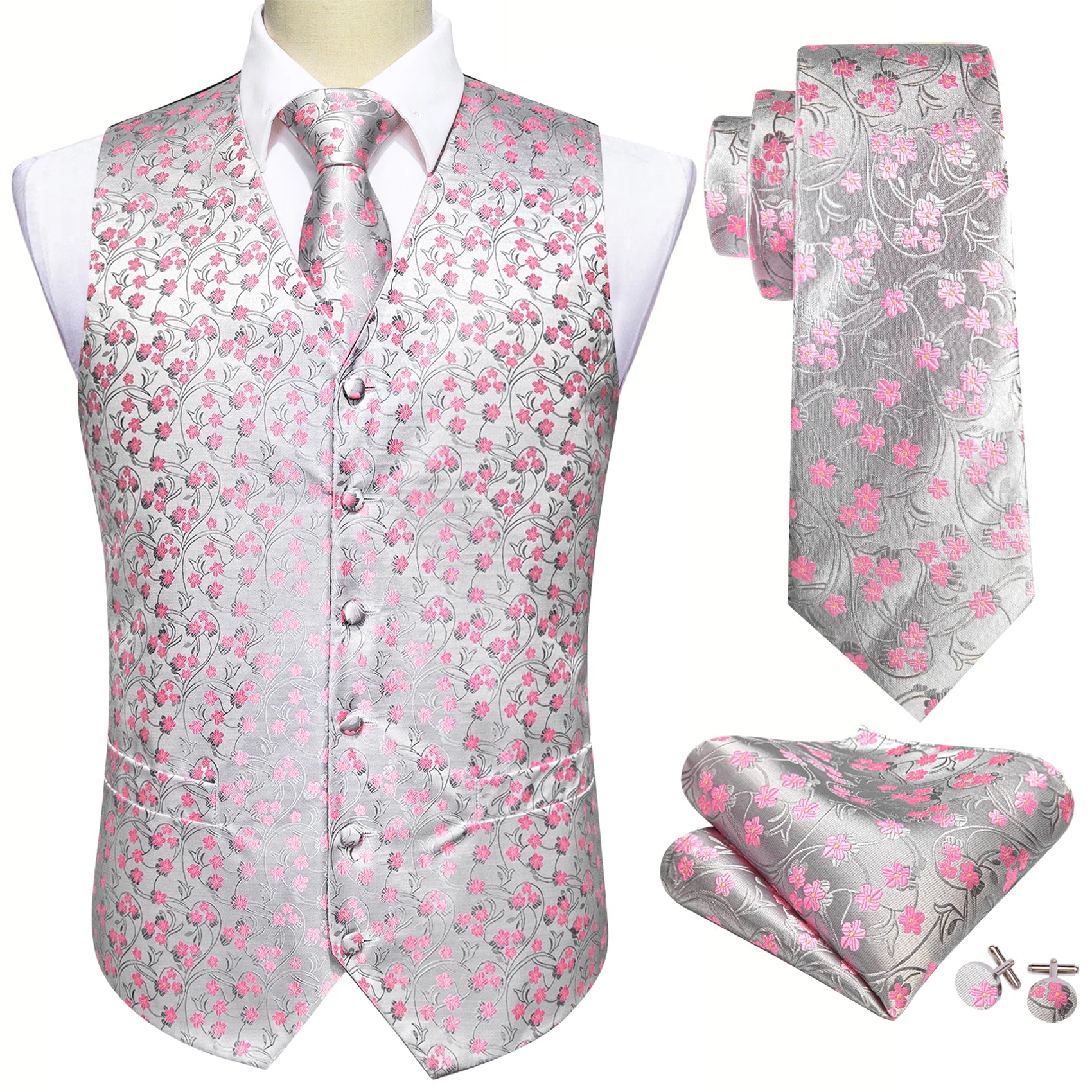 Hi-Tie Pink Green Paisley Silk Dress Vest Set For Men Dark Blue Jacquard Mens Suit Vest Male Waistcoat For Wedding Formal Jacket voguable