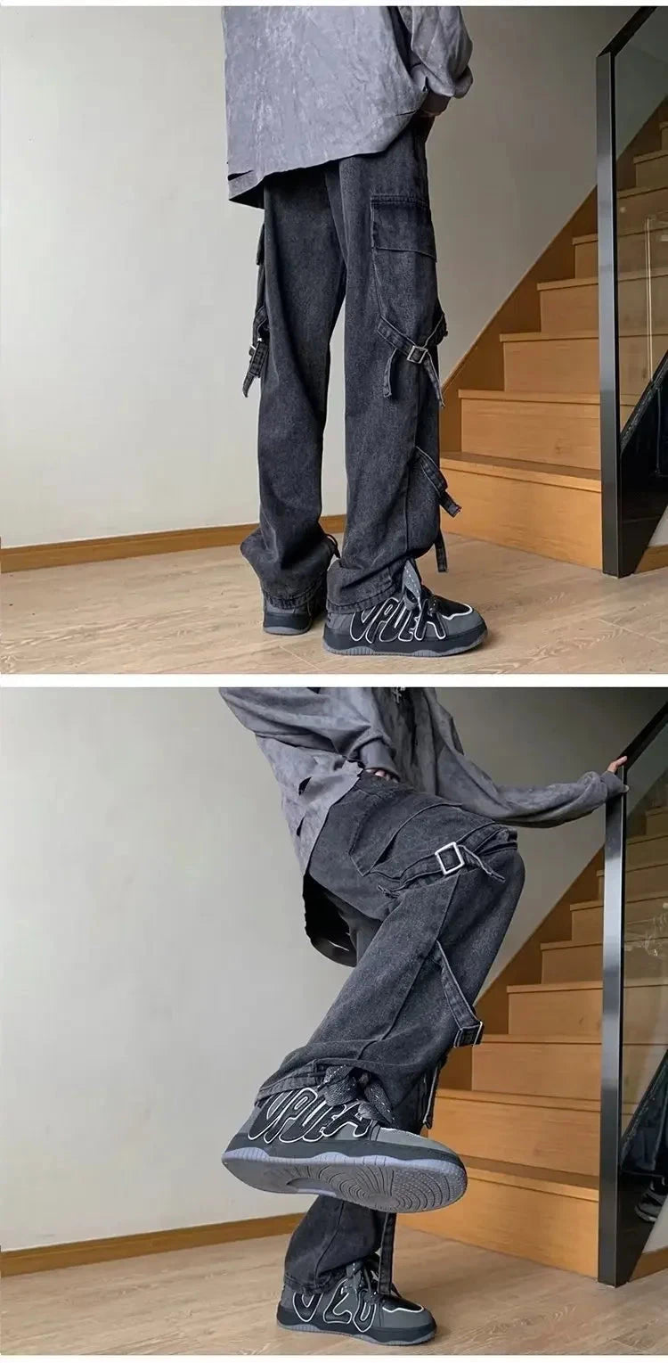 American Style Vibezip-up Trendy Jeans For Men Loose-fit Bell Bottoms Ins High Street Gangsta Style Casual Workwear voguable