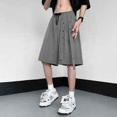 Voguable Personality Trendy Ribbon Splicing Design Straight Shorts Solid Color Men's Street Five-point Pants voguable