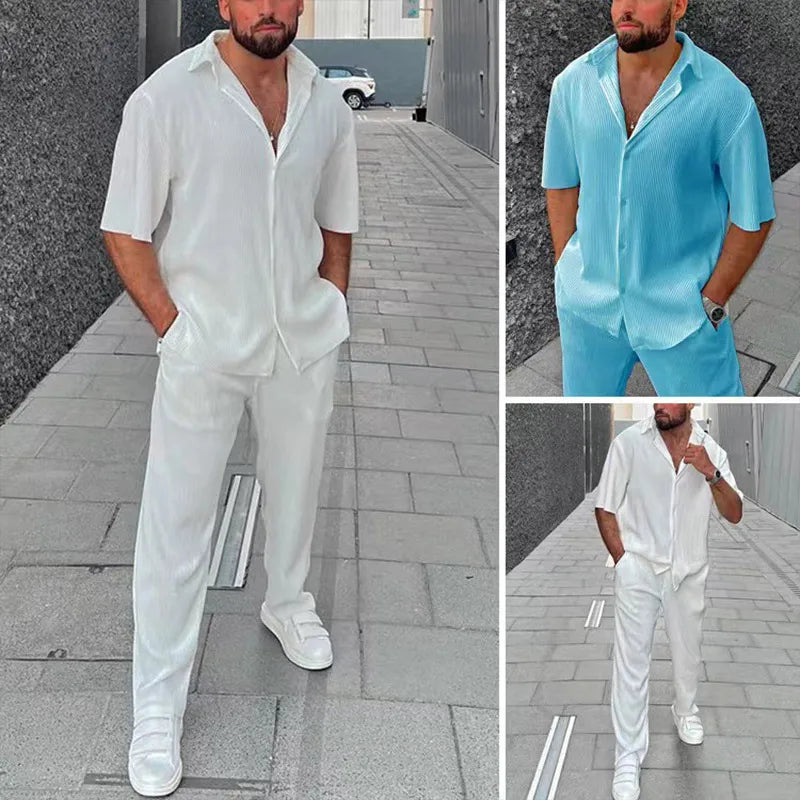KPOP Fashion Style Harajuku Slim Fit Shirt Loose All Match Sport Casual Pants Solid Button Short Sleeve Blusa Sets Two Piece Set voguable