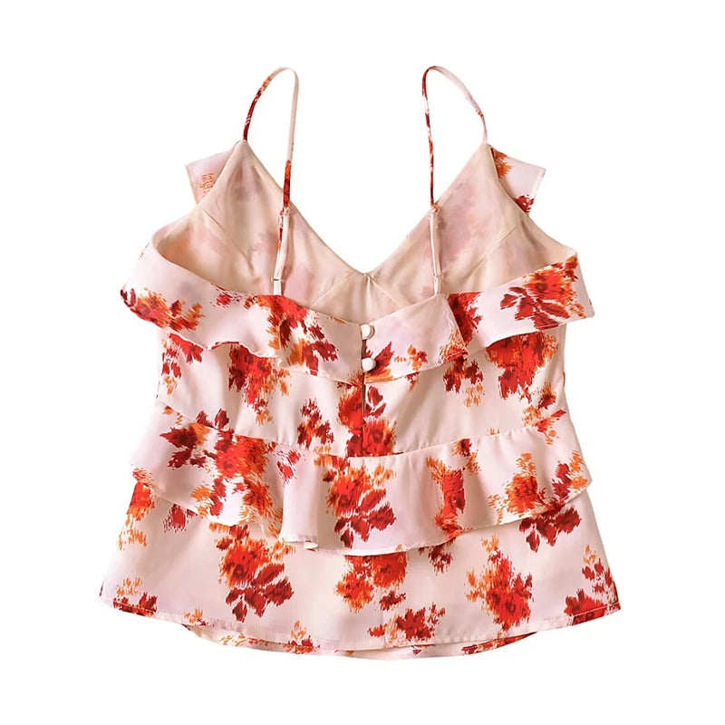 Voguable  French Style Floral Print Ruffle Camis Women Sexy Sleeveless V Neck Summer Crop Top voguable