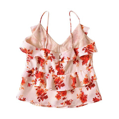 Voguable  French Style Floral Print Ruffle Camis Women Sexy Sleeveless V Neck Summer Crop Top voguable