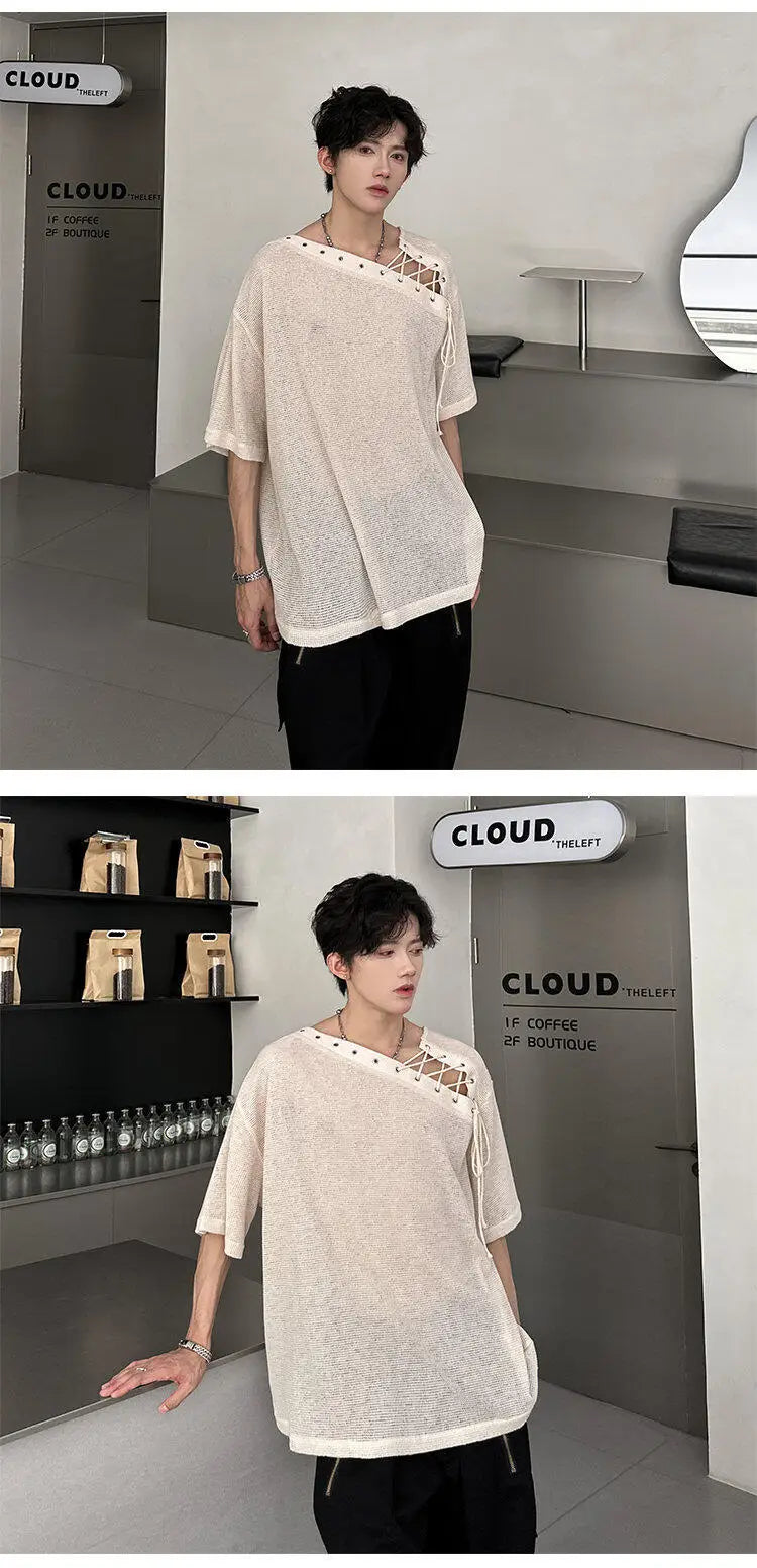 Korean Style Men's T-shirts Short Sleeve Casual Lace-up Design Solid Color Tees Hollow Out Loose Male Tops Summer 9W3719 voguable