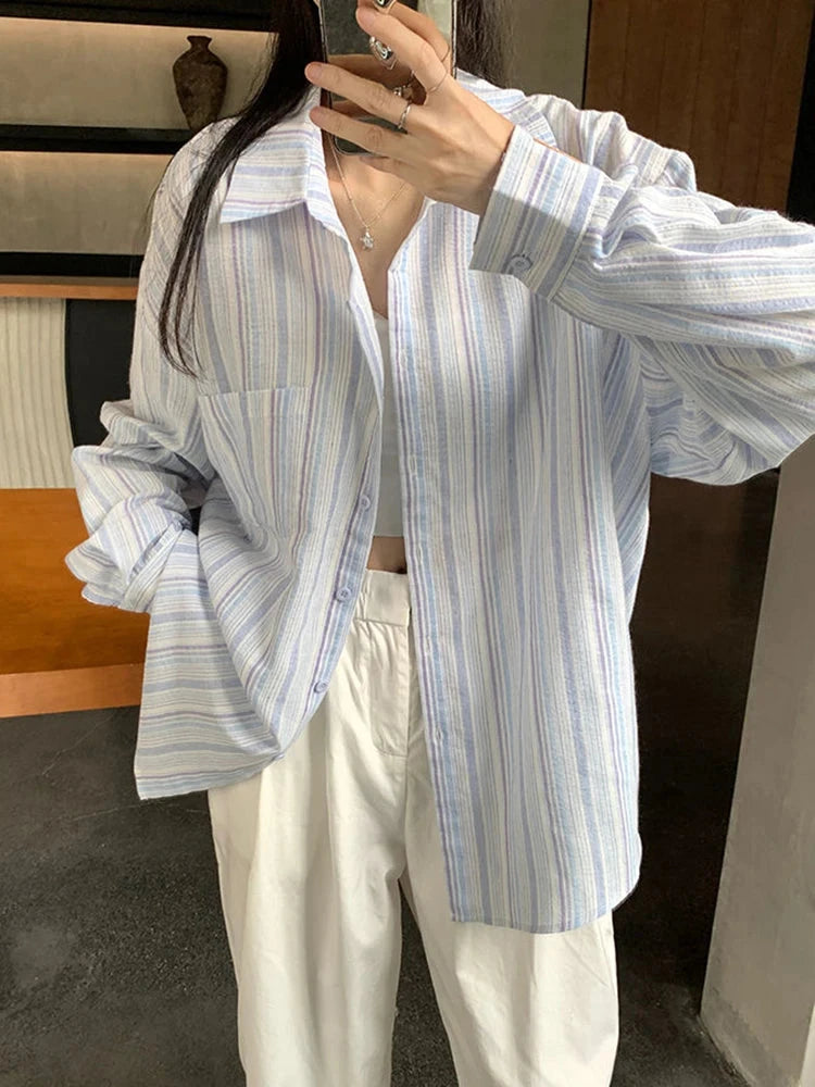 Sweet Casual Women Striped Shirts Loose Long Sleeve Vintage Cotton Linen Sun Proof Blouse Korean Preppy Style Letter Retro Tops voguable