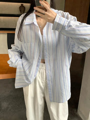 Sweet Casual Women Striped Shirts Loose Long Sleeve Vintage Cotton Linen Sun Proof Blouse Korean Preppy Style Letter Retro Tops voguable