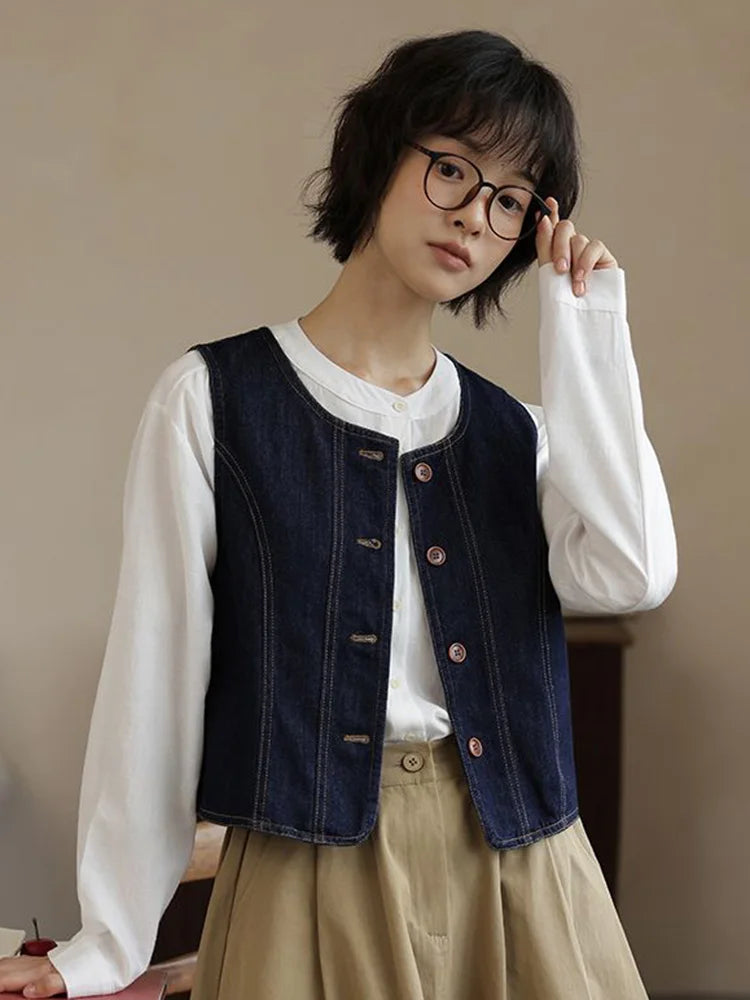 Y2K Retro Harajuku Denim Vest Women Slim Streetwear American Vintage Vest Jacket Fall O Neck Sleeveless Female Solid Vest Tops voguable