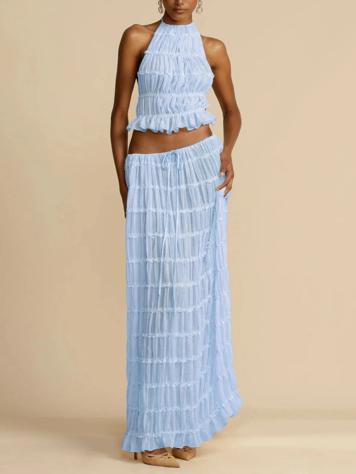 TARUXY Sexy Backless Halterneck Strappy Pleated Lace Vest Long Skirt Suit For Women Mesh Splice Solid Summer Beach Party Outfits voguable