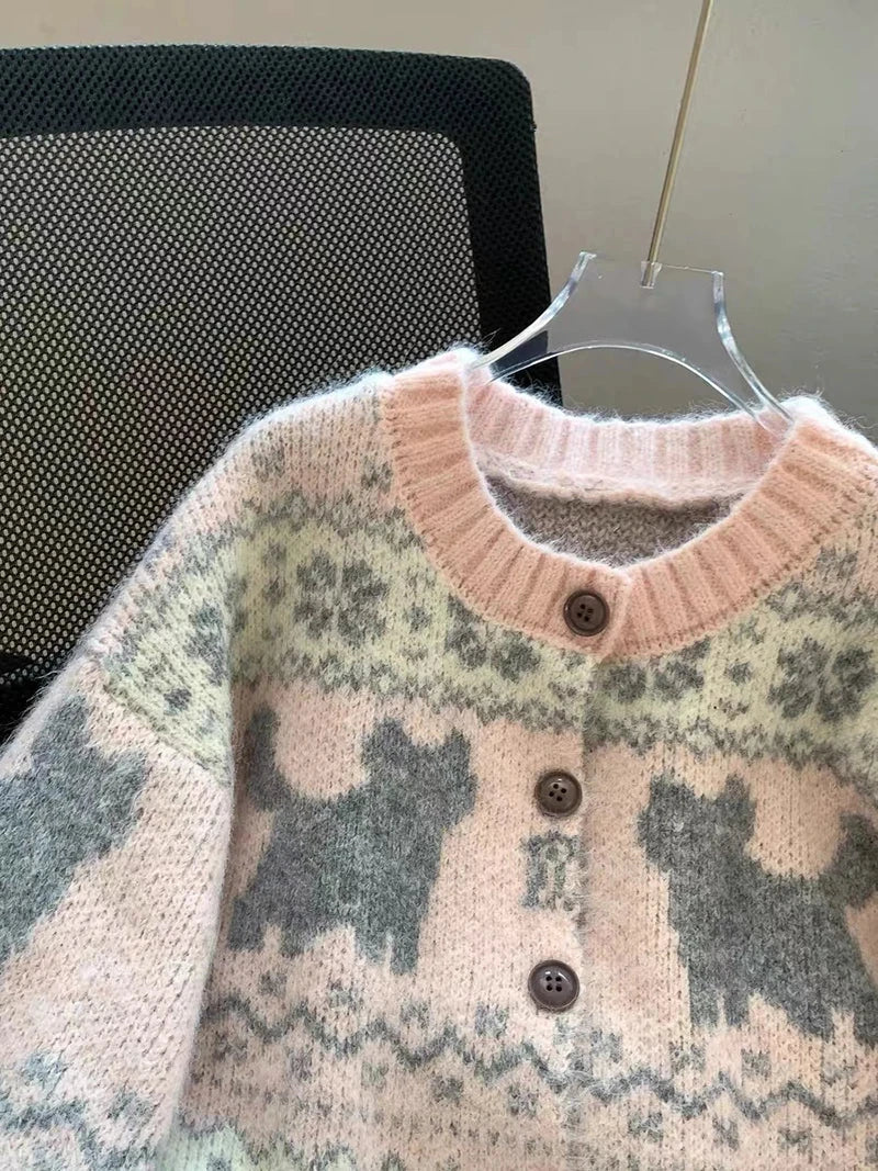 Sweet Pink Cartoon Cardigan Sweaters Women Vintage Lazy Wind Long Sleeve Cute Knitted Coat Casual Japan Kawaii Loose Tops voguable