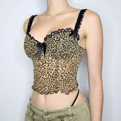 Voguable   Vintage Leopard Print Crop Top Sexy Contrast Color Bow Lace Patchwork Camis Sexy Night Party Club Wear Grunge Corset voguable