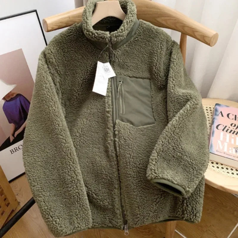 Autumn Winter Lambswool Coat Male Loose Windproof Warm Sherpa Stand Collar Polar Fleece Jacket Unisex Simple  Pocket Spliced Top voguable