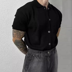 Summer Men's Clothing Light Luxury Knit Polo Shirt Korean Solid Color Short Sleeve Button-down Retro Fashion Leisure Knitwear voguable