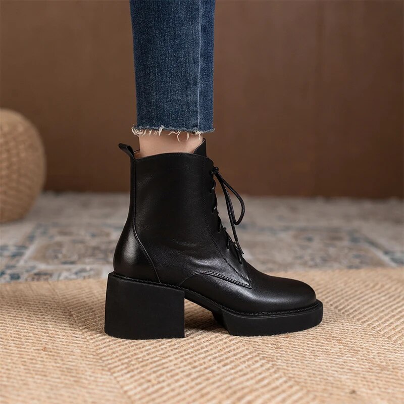 Retro Lace-up Mature Female Concise Women Ankle Boots Genuine Leather Thick Heels Autumn Winter Side Zipper Office Shoes Woman voguable