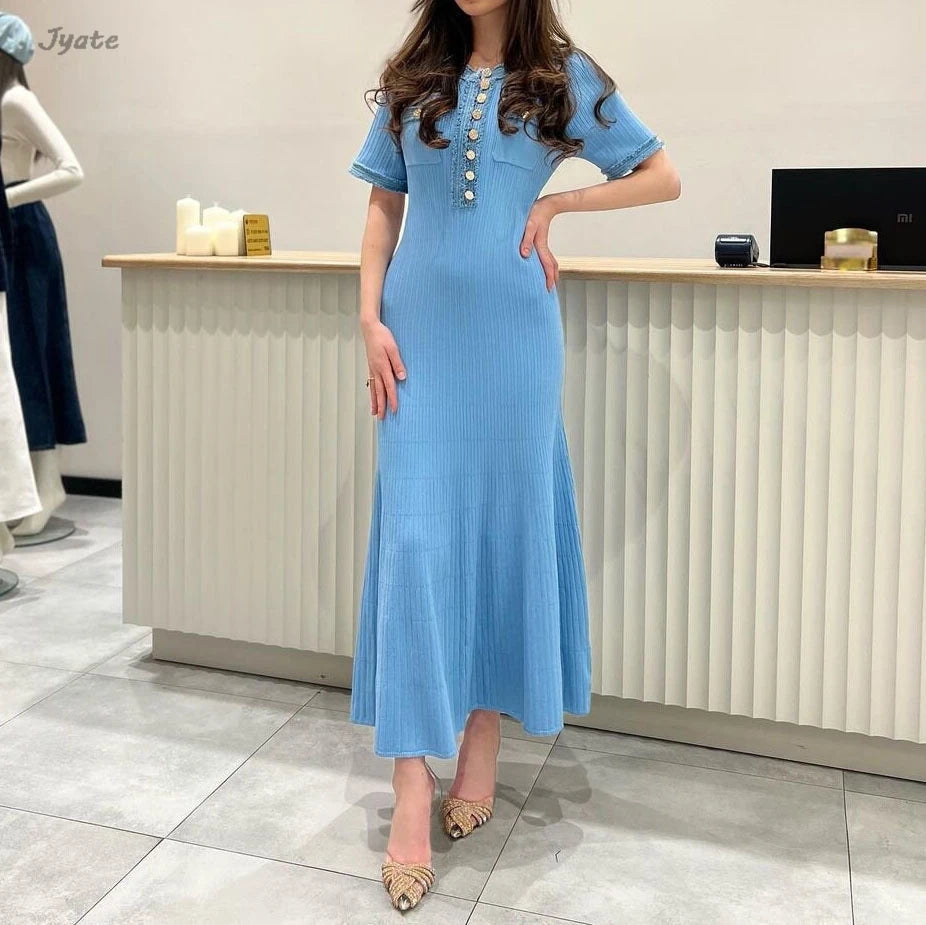 Denim Patchwork Kinitting Fashion Long Dress Tight Single Breasted Chic White Women Dress Versatile Street Summer Spring Vestido voguable