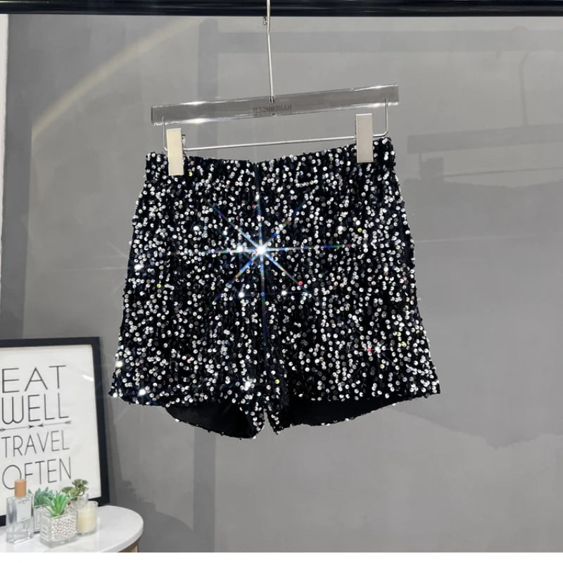 Voguable  Europe and America Sequined Black Shorts Slim Suede Embroidered Beads Grey Casual Pants Women's Hot Pants voguable
