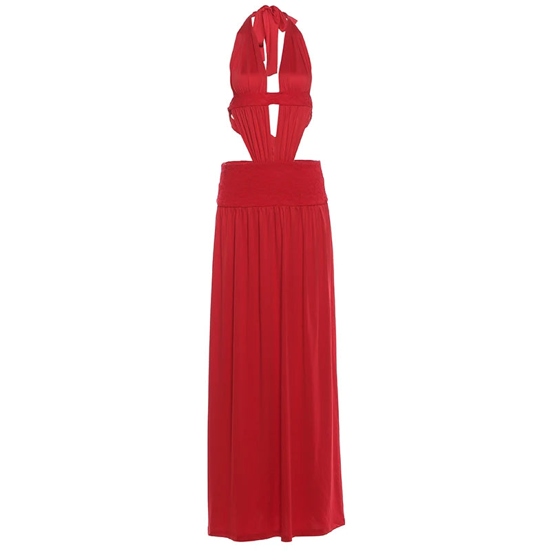 Voguable  Elegant Birthday Party Dress Women Sexy Classic Backless Halter Ruched Bandages Deep V-Neck Sleeveless Club Bodycon voguable