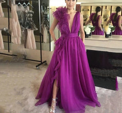 Voguable  Purple V-neck Prom Dress  Sleeveless Organza Prom Gown Hydrangea Ball Party Dress voguable