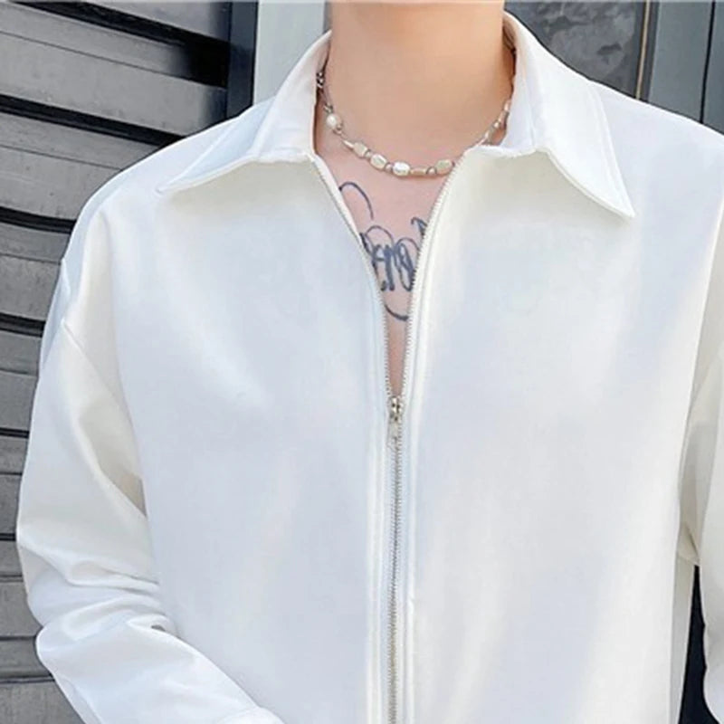 Autumn Men's Clothing Luxury Drooping Zipper Shirts Retro Premium Long-sleeved Solid Color Korean Popular Business Leisure voguable