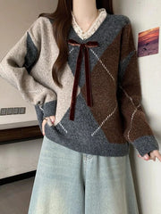 Sweet Bow Argyle Sweaters Women Retro Preppy Style Loose Knitted Pullover Lace Patchwork Long Sleeve Female Vintage Jumpers Fall voguable