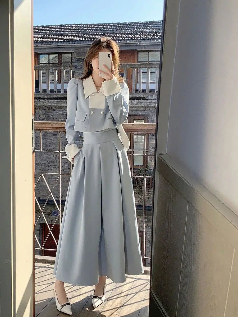 Voguable  Autumn Elegant 2 Piece Dress Set Women Slim Vintage Party Office Lady Korean Suit Long Sleeve Crop Tops + Casual Midi Skirt voguable
