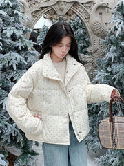 Dot Sweet Warm Parkas Women Long Sleeve Retro Winter Thick Cute Cotton Coat Casual Stand Collar Pockets Korean New Jacket voguable