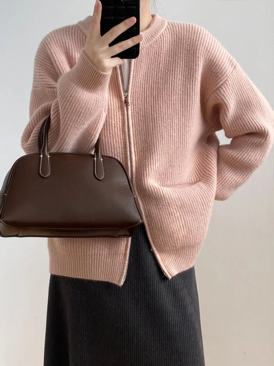 Sweater Cardigan Women Autumn Double Zipper Casual Korean Knitwear Coat Solid Color Loose Soft Long Sleeve Jackets Outerwear voguable