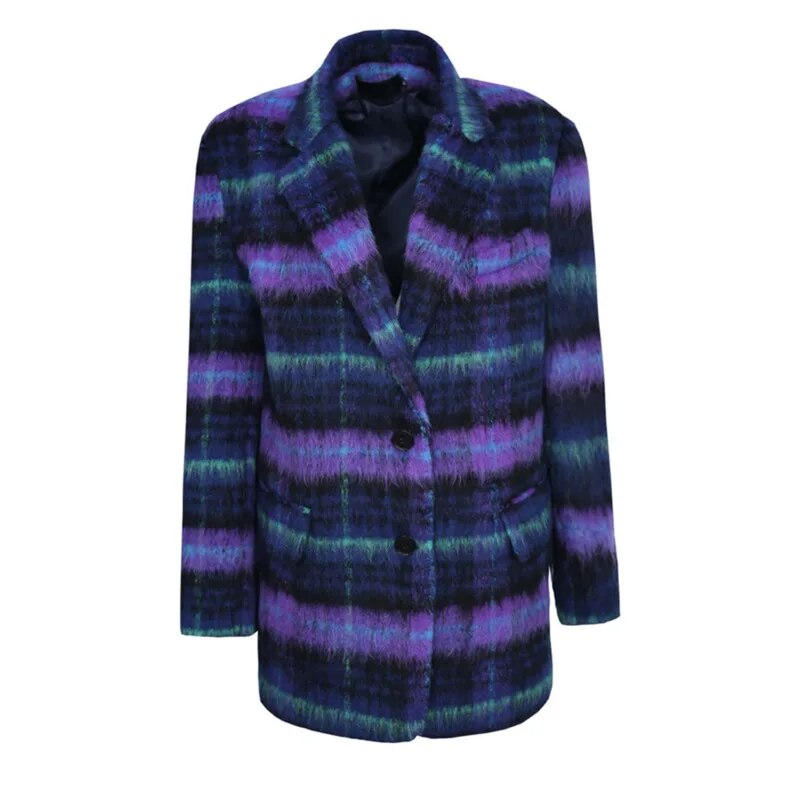 Loose Purple Plaid Casual Big Size Woolen Coat Parkas New Lapel Long Sleeve Women Fashion Tide Autumn Winter voguable