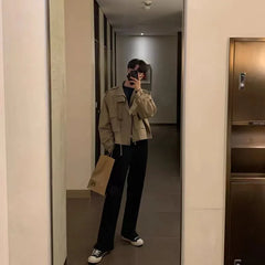 Autumn Khaki Short Workwear Jackets for Men 2024 Korean Fashion Handsome Fake Two-piece Lapel Japanese Retro Men Jacket Coat voguable