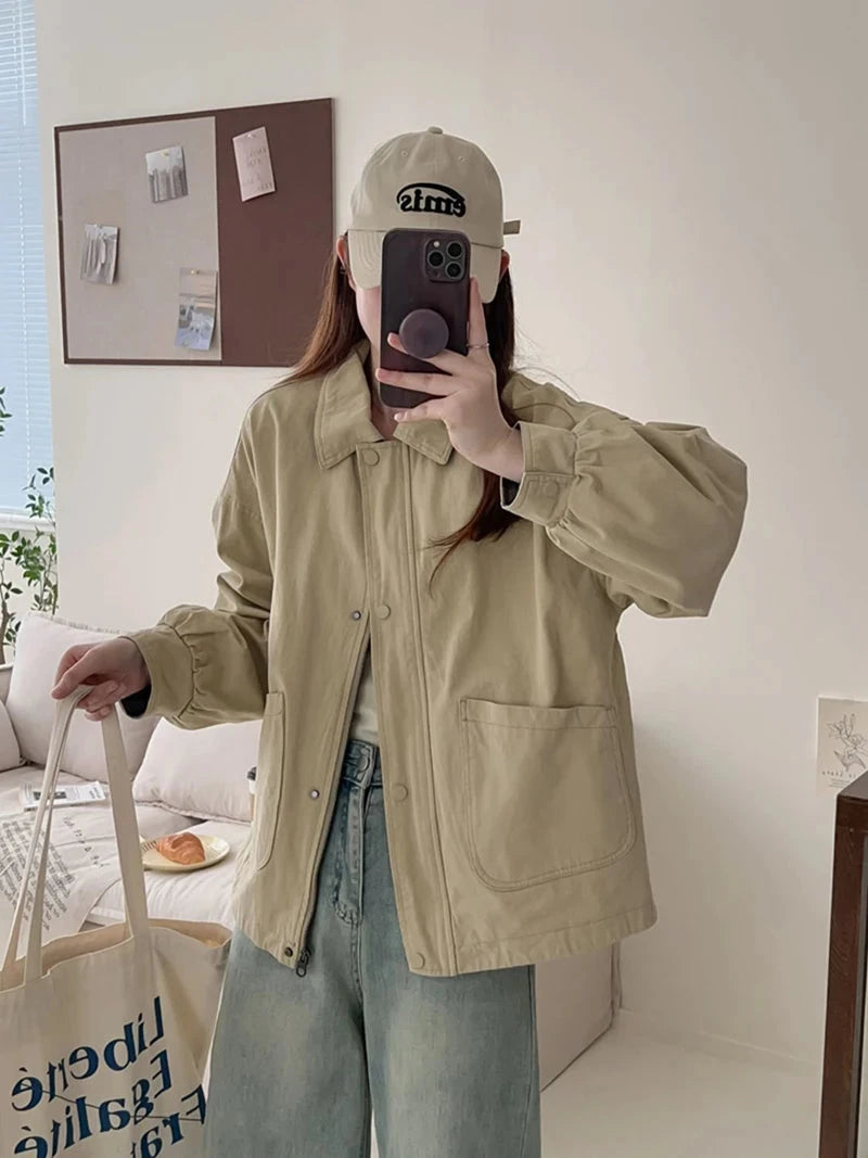 Fall Women Cargo Jacket Loose Preppy Style Long Sleeve Vintage Coat Casual Big Pockets American Retro Solid Bf Outwear Tops voguable