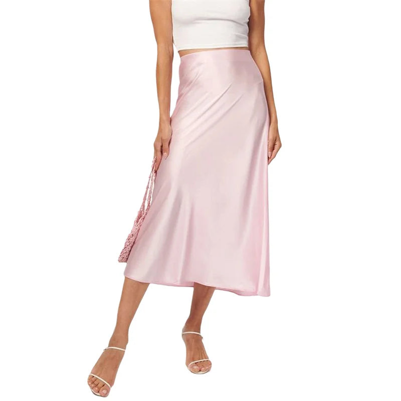 Satin Skirt Women Summer Clothes Solid Color High Waist Bodycon Midi Skirts Elegant Evening Party Skirts Streetwear voguable