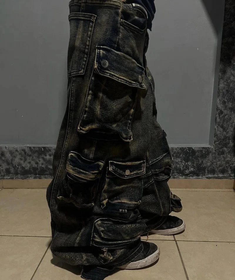 Y2K New Fashion Washed Multi-pocket Old Baggy Tooling Jeans Men Vintage Hip-hop Straight Casual Punk High Waist Wide Leg Pants voguable