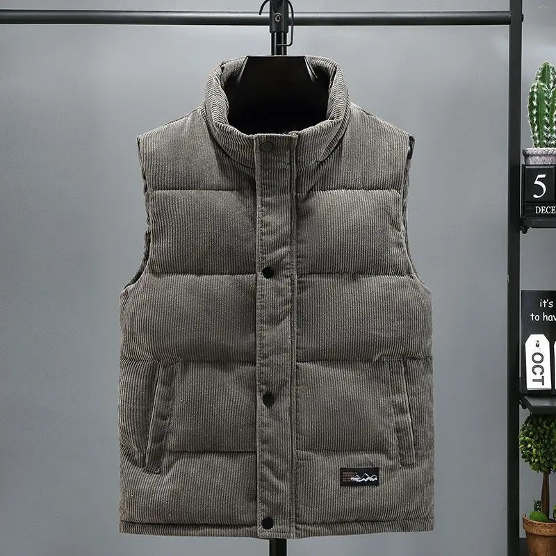 Vests Jacket Men Autumn Winter Stand Collar Warm Sleeveless Leisure Down Cotton-Padded Vest Coat Thickened Corduroy Warm Coat voguable
